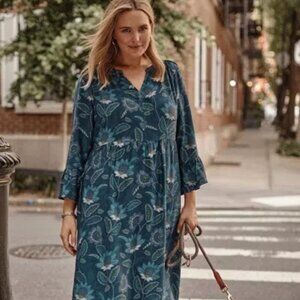 J Jill Womens Arboretum Midi Dress Small Dark Teal Green Floral Cottagecore